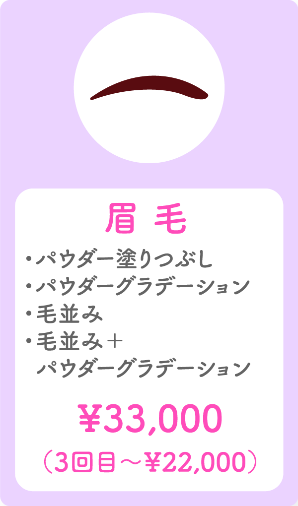 眉毛 ・パウダー塗りつぶし・パウダーグラデーション・毛並み・毛並み+パウダーグラデーション ¥33,000 (3回目〜¥22,000)